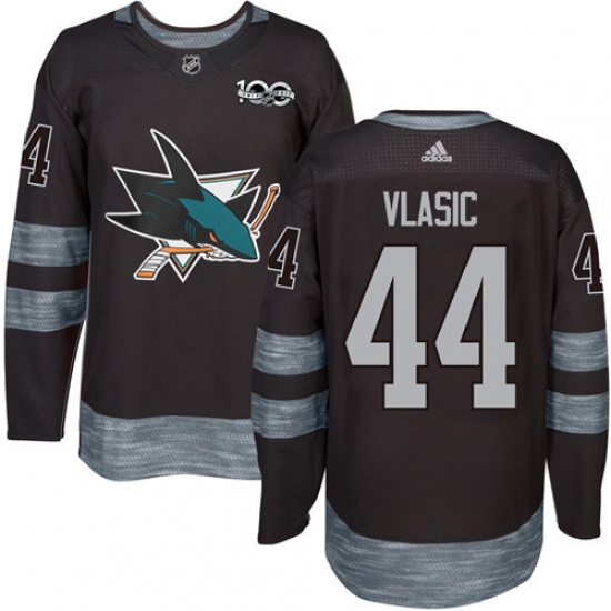 Men's Adidas San Jose Sharks #44 Marc-Edouard Vlasic Authentic Black 1917-2017 100th Anniversary NHL Jersey - Ujersey