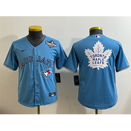 Youth Toronto Blue Jays & Leafs Blue 2025 World Series With White Leafs Logo Cool Base Stitched Baseball Jersey