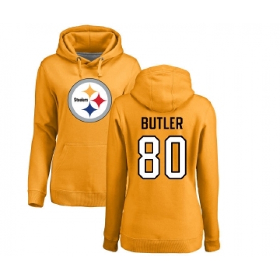 Football Women's Pittsburgh Steelers #80 Jack Butler Gold Name & Number Logo Pullover Hoodie - Ujersey