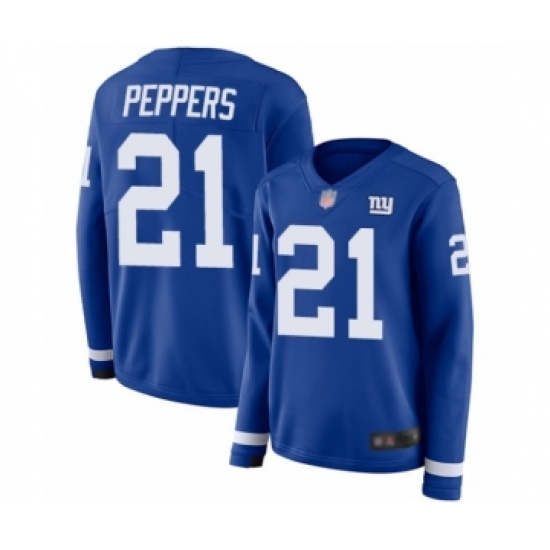 Women's New York Giants #21 Jabrill Peppers Limited Royal Blue Therma Long Sleeve Football Jersey - Ujersey