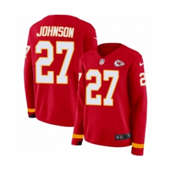 Women's Nike Kansas City Chiefs #27 Larry Johnson Limited Red Therma Long Sleeve NFL Jersey - Ujersey