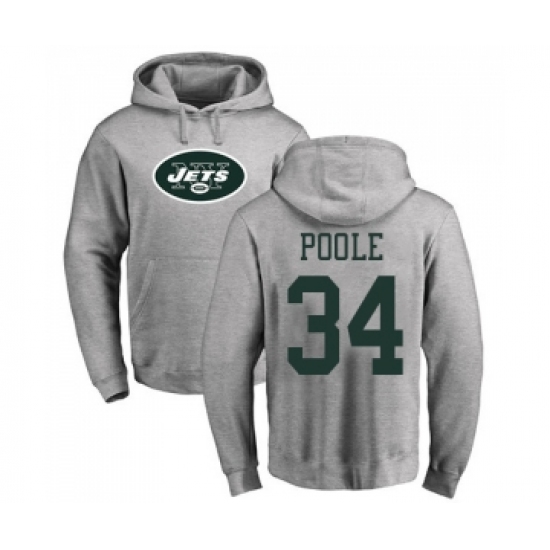 Football New York Jets #34 Brian Poole Ash Name & Number Logo Pullover Hoodie - Ujersey