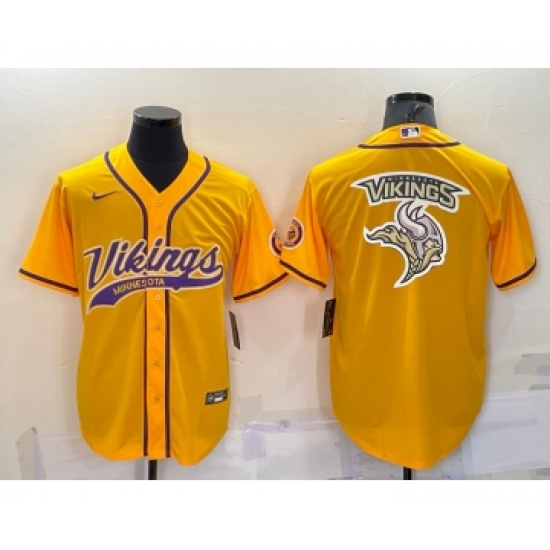Men's Minnesota Vikings Yellow Team Big Logo With Patch Cool Base Stitched Baseball Jersey - Ujersey
