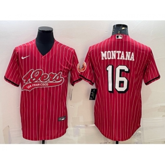 Men's San Francisco 49ers #16 Joe Montana Red Pinstripe Color Rush With Patch Cool Base Stitched Baseball Jersey - Ujersey