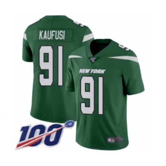 Men's New York Jets #91 Bronson Kaufusi Green Team Color Vapor Untouchable Limited Player 100th Season Football Jersey - Ujersey