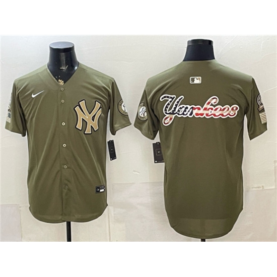 Men's New York Yankees Team Big Logo Olive 2026 Armed Forces Day Stitched Baseball Jersey - Ujersey
