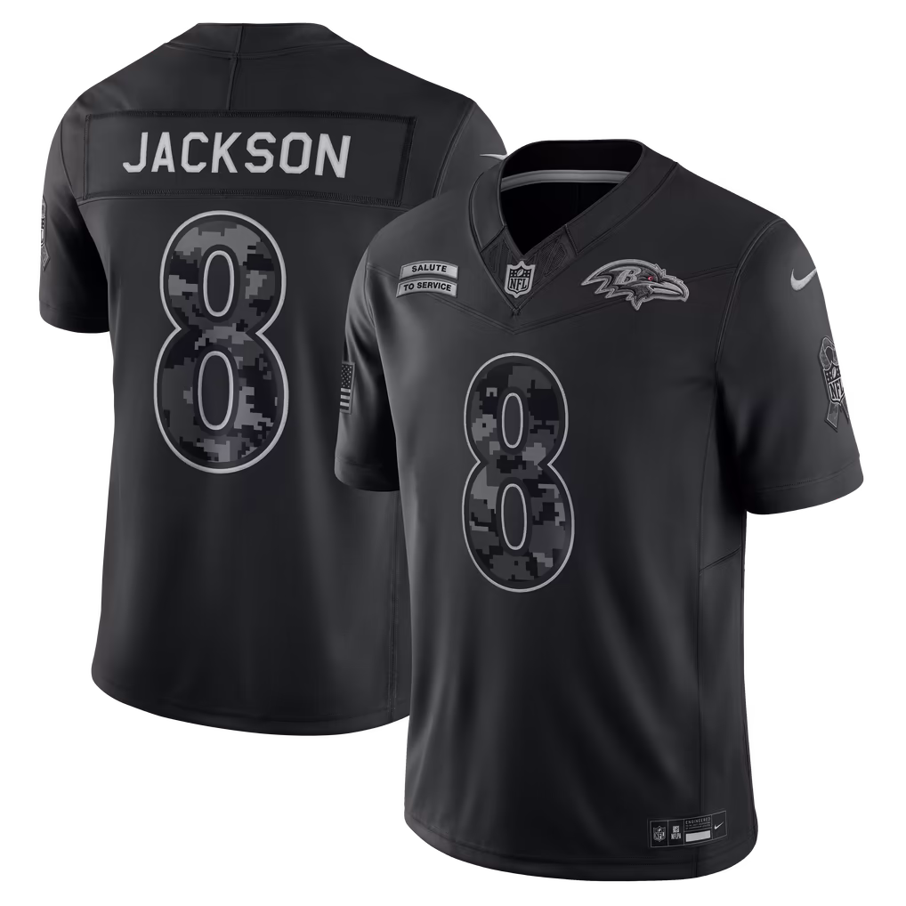 Men's Baltimore Ravens Lamar Jackson Nike Black 2026 Salute to Service Stitched Limited Jersey - Ujersey