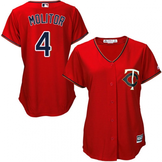 Women's Majestic Minnesota Twins #4 Paul Molitor Authentic Scarlet Alternate Cool Base MLB Jersey - Ujersey