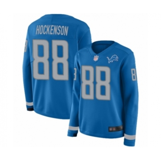 Women's Detroit Lions #88 T.J. Hockenson Limited Blue Therma Long Sleeve Football Jersey - Ujersey