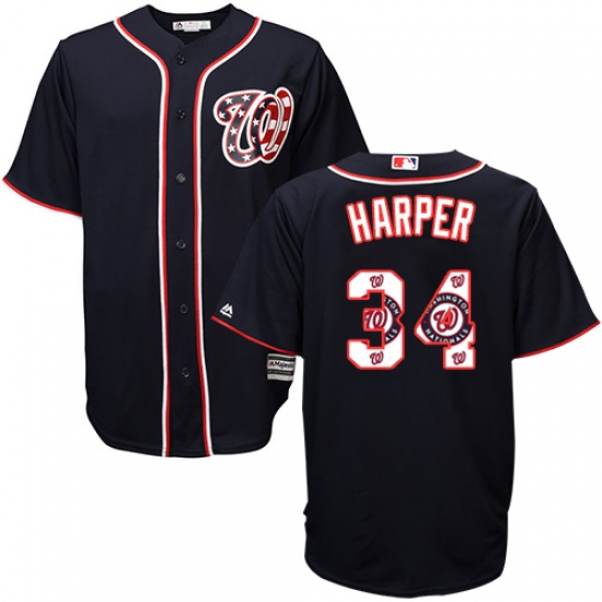 Men's Majestic Washington Nationals #34 Bryce Harper Authentic Navy Blue Team Logo Fashion Cool Base MLB Jersey - Ujersey