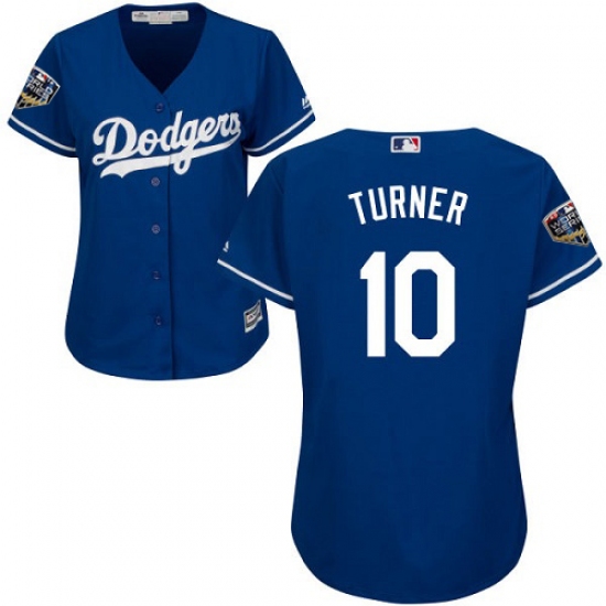 Women's Majestic Los Angeles Dodgers #10 Justin Turner Authentic Royal Blue Alternate Cool Base 2018 World Series MLB Jersey - Ujersey