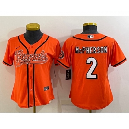 Women's Cincinnati Bengals #2 Evan McPherson Orange With Patch Cool Base Stitched Baseball Jersey - Ujersey