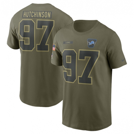 Men's Detroit Lions #97 Aidan Hutchinson Olive 2025 Salute to Service Name & Number T-Shirt - Ujersey