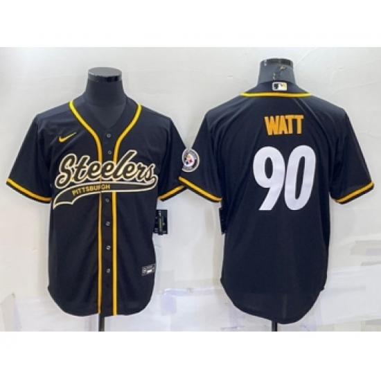 Men's Pittsburgh Steelers #90 T.J. Watt Black With Patch Cool Base Stitched Baseball Jersey - Ujersey