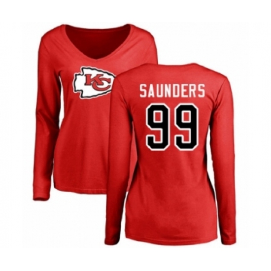 Football Women's Kansas City Chiefs #99 Khalen Saunders Red Name & Number Logo Slim Fit Long Sleeve T-Shirt - Ujersey