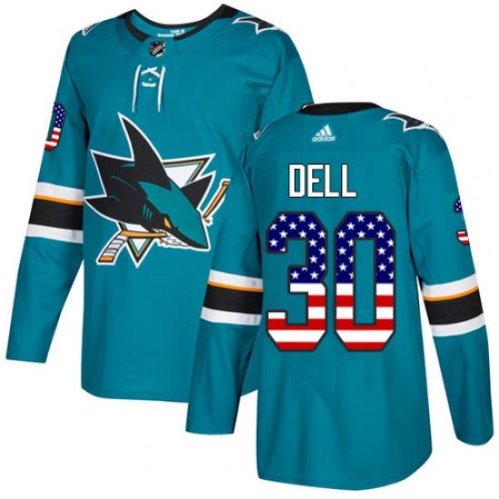 Men's Adidas San Jose Sharks #30 Aaron Dell Authentic Teal Green USA Flag Fashion NHL Jersey - Ujersey
