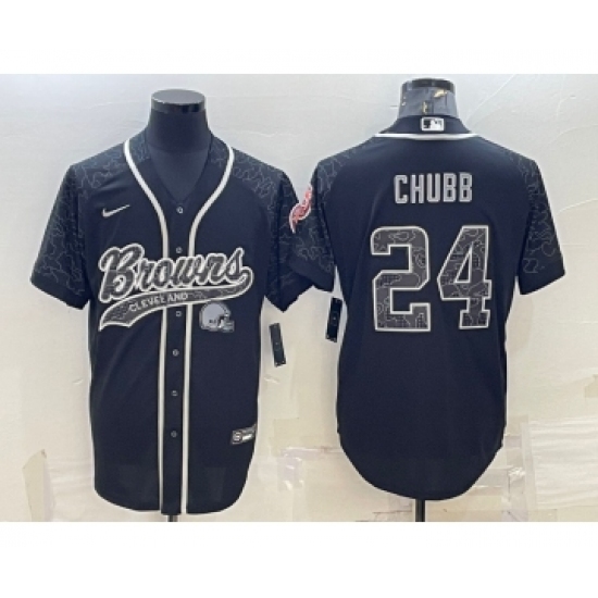 Men's Cleveland Browns #24 Nick Chubb Black Reflective With Patch Cool Base Stitched Baseball Jersey - Ujersey