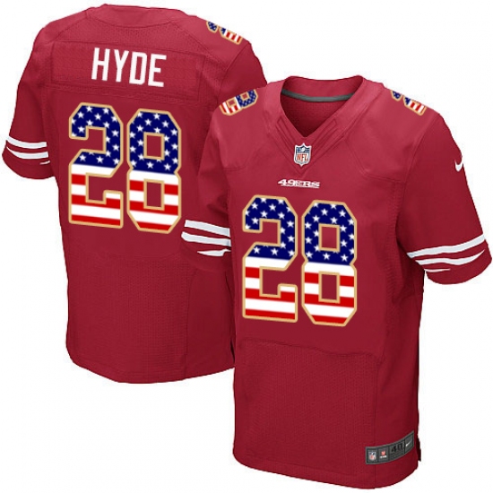 Men's Nike San Francisco 49ers #28 Carlos Hyde Elite Red Home USA Flag Fashion NFL Jersey - ujerseystore