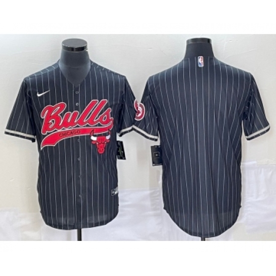 Men's Chicago Bulls Blank Black Pinstripe Cool Base Stitched Baseball Jersey - Ujersey