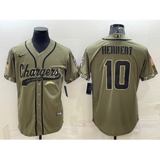 Men's Los Angeles Chargers #10 Justin Herbert Olive Salute to Service Cool Base Stitched Baseball Jersey - Ujersey