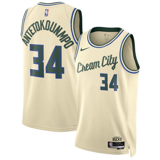 Men's Milwaukee Bucks #34 Giannis Antetokounmpo Cream 2025-26 City Edition Swingman Stitched Basketball Jersey - Ujersey