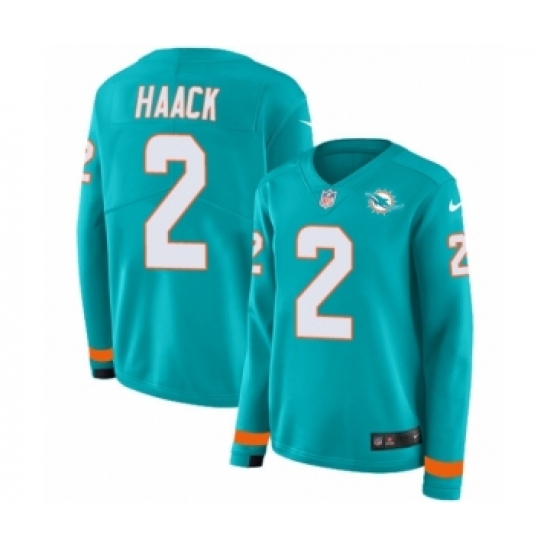 Women's Nike Miami Dolphins #2 Matt Haack Limited Aqua Therma Long Sleeve NFL Jersey - Ujersey