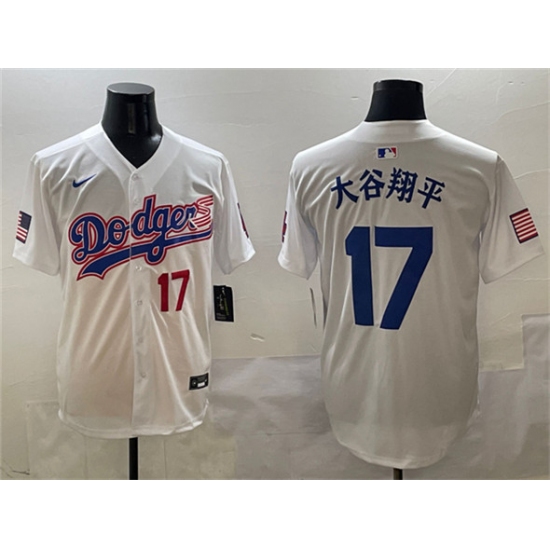 Men's Los Angeles Dodgers #17 大谷翔平 White With American Flag Limited Stitched Baseball Jersey