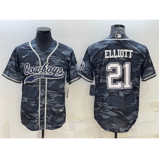 Men's Dallas Cowboys #21 Ezekiel Elliott Gray Camo With Patch Cool Base Stitched Baseball Jersey - Ujersey