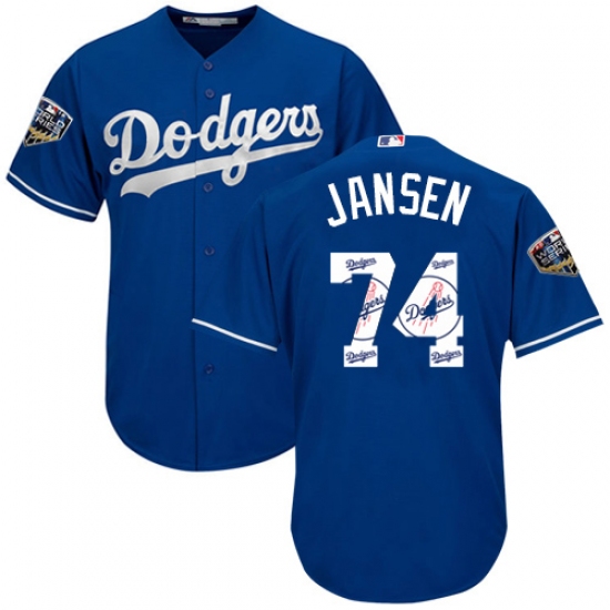 Men's Majestic Los Angeles Dodgers #74 Kenley Jansen Authentic Royal Blue Team Logo Fashion Cool Base 2018 World Series MLB Jersey - Ujersey