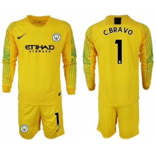 Manchester City #1 C.Bravo Yellow Goalkeeper Long Sleeves Soccer Club Jersey