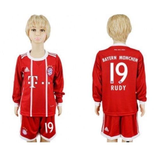 Bayern Munchen #19 Rudy Home Long Sleeves Kid Soccer Club Jersey