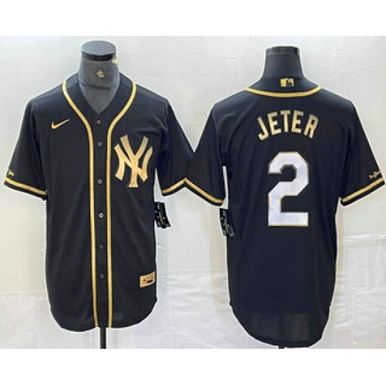 Men's New York Yankees #2 Derek Jeter Black Gold Cool Base Stitched Baseball Jersey