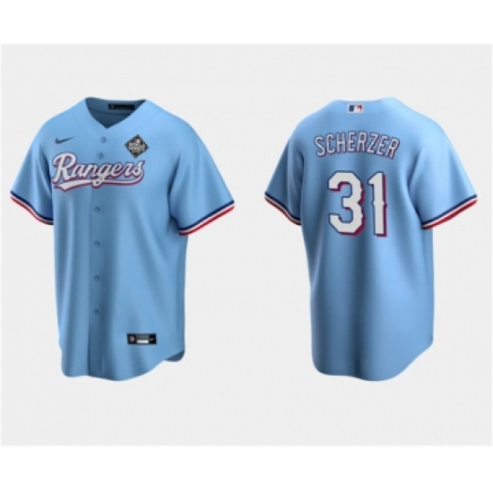 Men's Texas Rangers #31 Max Scherzer Blue 2023 World Series Stitched Baseball Jersey - Ujersey