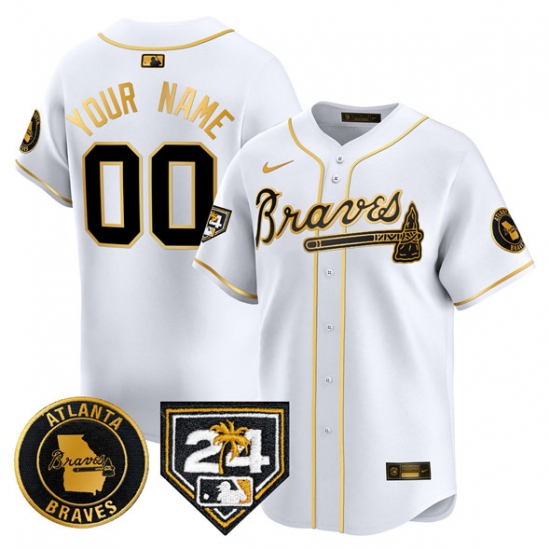 Men's Atlanta Braves Customized White Gold 2024 Spring Training Patch Limited Stitched Baseball Jersey - Ujersey