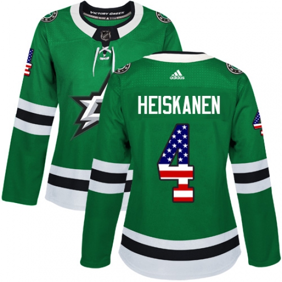 Women's Adidas Dallas Stars #4 Miro Heiskanen Authentic Green USA Flag Fashion NHL Jersey - Ujersey