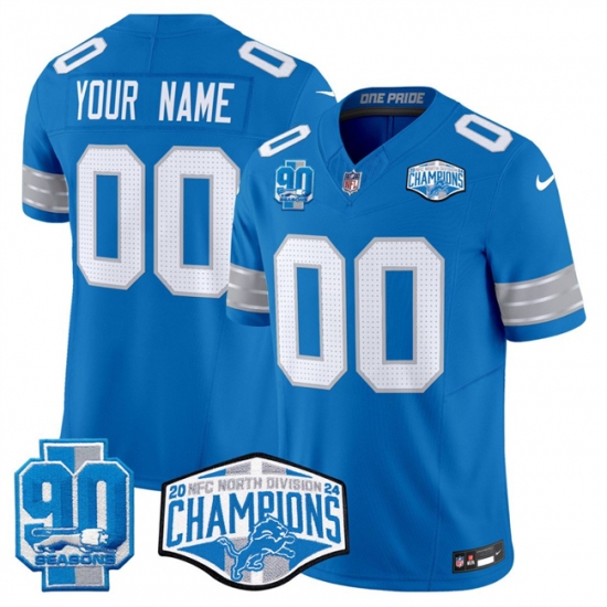 Men's Detroit Lions Active Player Custom Blue 2024 NFC North Champions 90th Anniversary Patch F.U.S.E. Vapor Limited Stitched Jersey - Ujersey