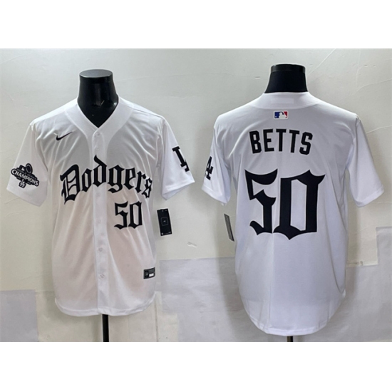 Men's Los Angeles Dodgers #50 Mookie Betts White 2025 LA Gothic Style With 2024 World Series Champions Vapor Premier Limited Stitched Baseball Jersey - Ujersey