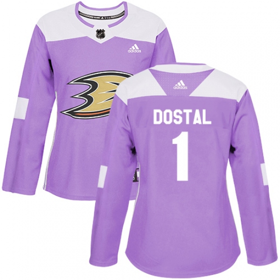 Women's Adidas Anaheim Ducks #1 Lukas Dostal Authentic Purple Fights Cancer Practice NHL Jersey - Ujersey