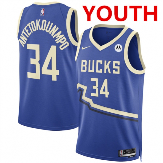 Youth Milwaukee Bucks #34 Giannis Antetokounmpo Royal 2024-25 City Edition Stitched Basketball Jersey - Ujersey