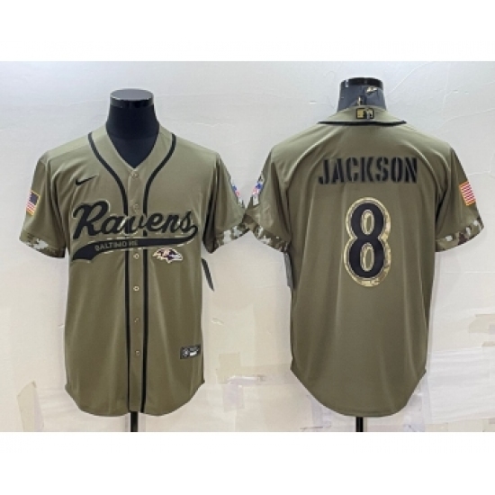 Men's Baltimore Ravens #8 Lamar Jackson Olive 2022 Salute to Service Cool Base Stitched Baseball Jersey - Ujersey