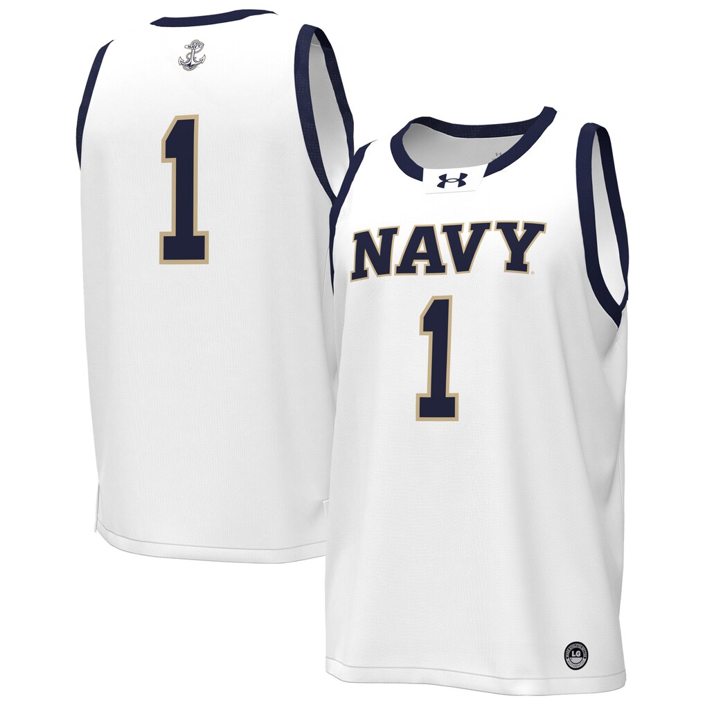 Men's Under Armour White Navy Midshipmen #1 Replica Basketball Jersey - ujerseystore