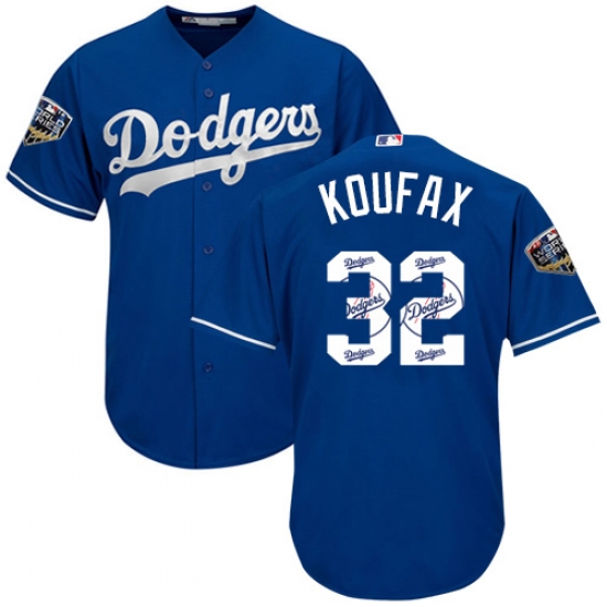 Men's Majestic Los Angeles Dodgers #32 Sandy Koufax Authentic Royal Blue Team Logo Fashion Cool Base 2018 World Series MLB Jersey - Ujersey