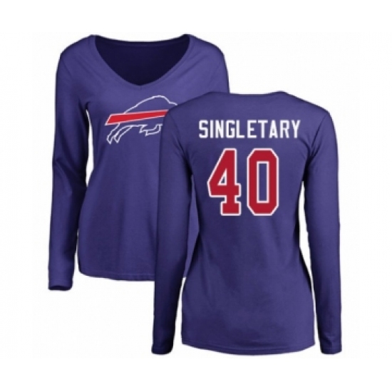 Football Women's Buffalo Bills #40 Devin Singletary Royal Blue Name & Number Logo Long Sleeve T-Shirt - Ujersey
