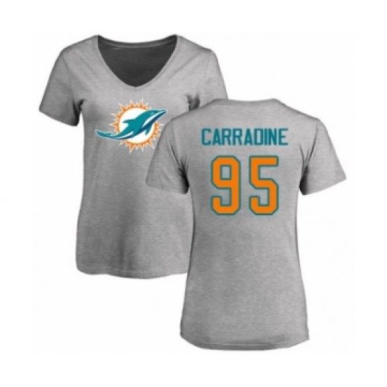 Football Women's Miami Dolphins #95 Tank Carradine Ash Name & Number Logo T-Shirt - Ujersey