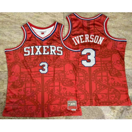 Men's Philadelphia 76ers #3 Allen Iverson Red Snakeskin Hardwood AU Throwback Jersey - Ujersey