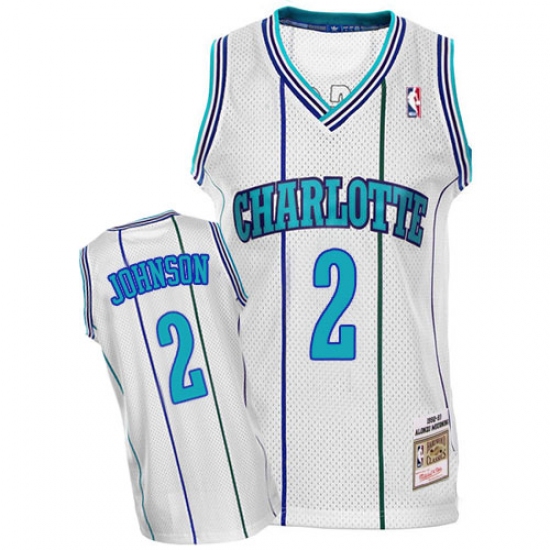 Men's Mitchell and Ness Charlotte Hornets #2 Larry Johnson Authentic White Throwback NBA Jersey - Ujersey