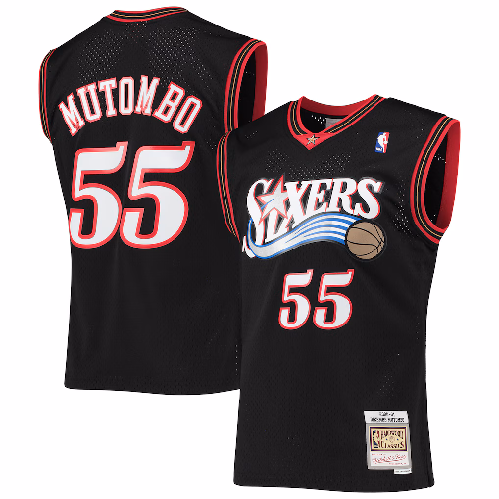 Men's Philadelphia 76ers Dikembe Mutombo Mitchell & Ness Black Hardwood Classics Swingman Jersey - Ujersey
