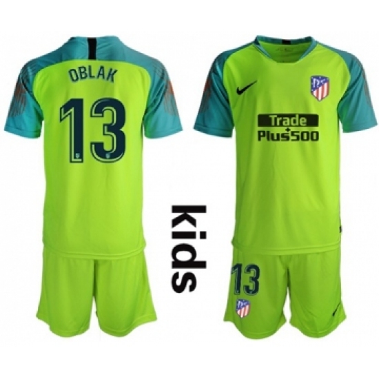 Atletico Madrid #13 Oblak Shiny Green Goalkeeper Kid Soccer Club Jersey