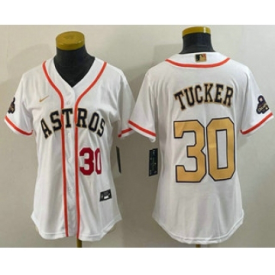 Women's Houston Astros #30 Kyle Tucker Number 2023 White Gold World Serise Champions Cool Base Stitched Jersey1 - Ujersey