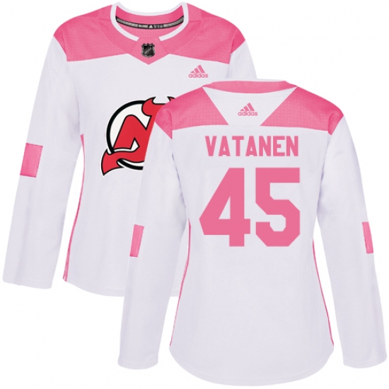 Women's Adidas New Jersey Devils #45 Sami Vatanen Authentic White Pink Fashion NHL Jersey - Ujersey